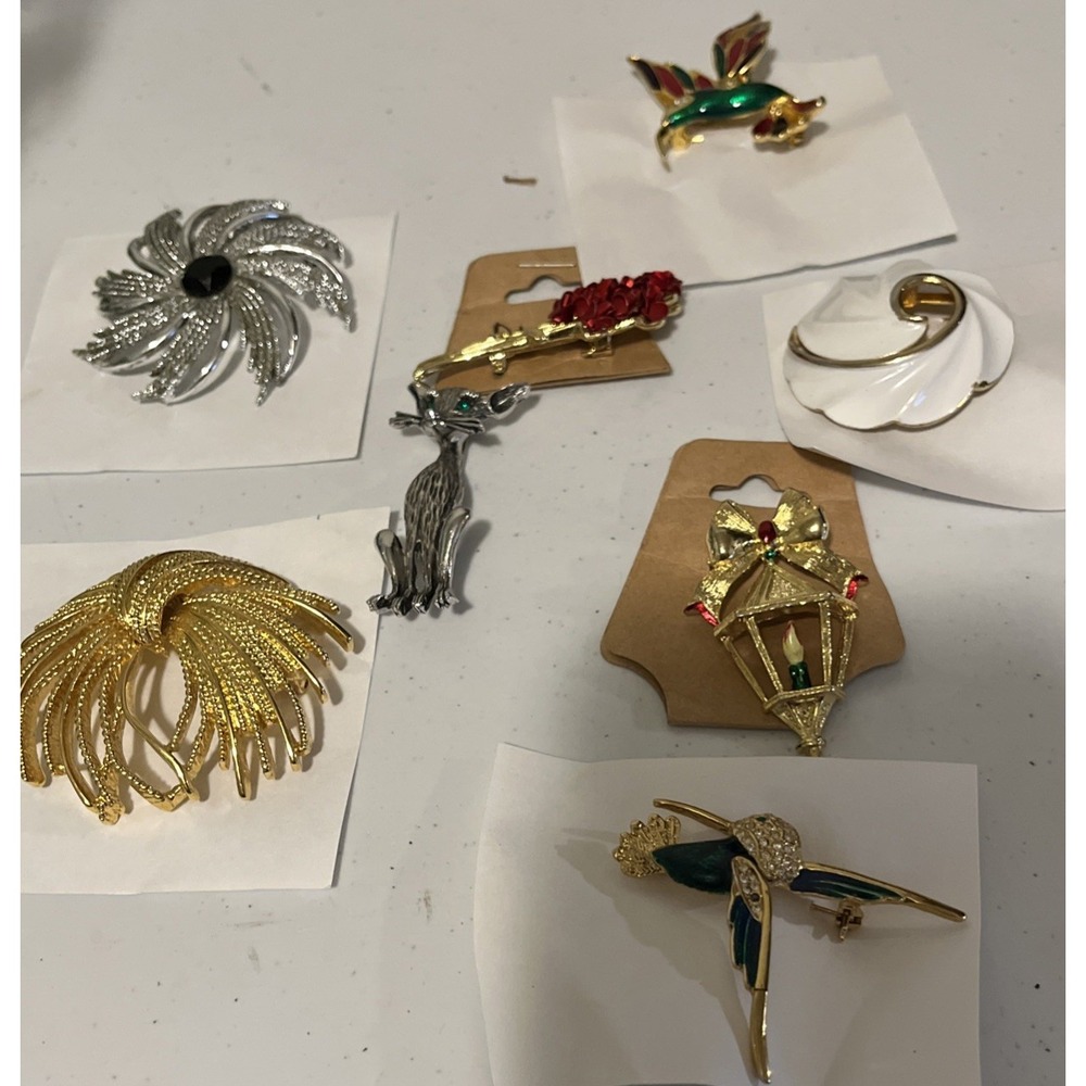 Vintage Mixed Pin Brooch Jewelry Lot 8 Pc Enamel Rhinestones Assorted Figural